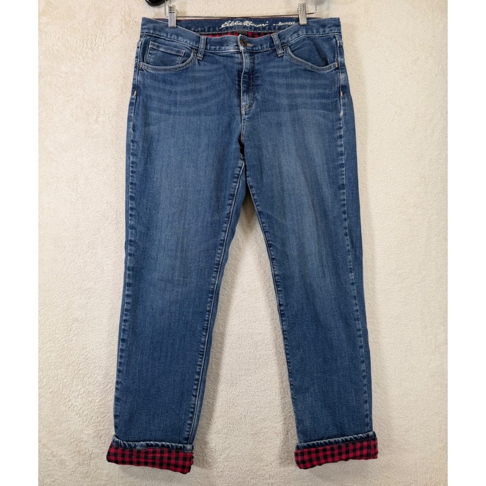Eddie Bauer Boyfriend Flannel Lined‎ Jeans Womens 12 Blue Buffalo Plaid Stretch